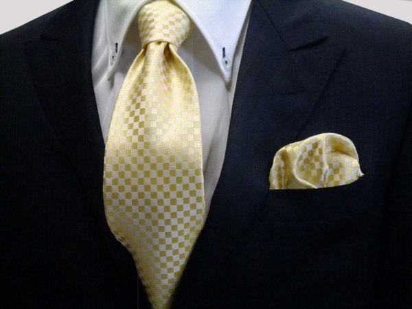 ネクタイ・ポケットチーフセット【イエロー（黄色）市松模様ネクタイ＆ポケットチーフセット】