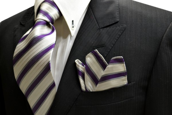 織柄の白地に紫とグレーのストライプネクタイ＆チーフセット 【 CSN-W13033 】